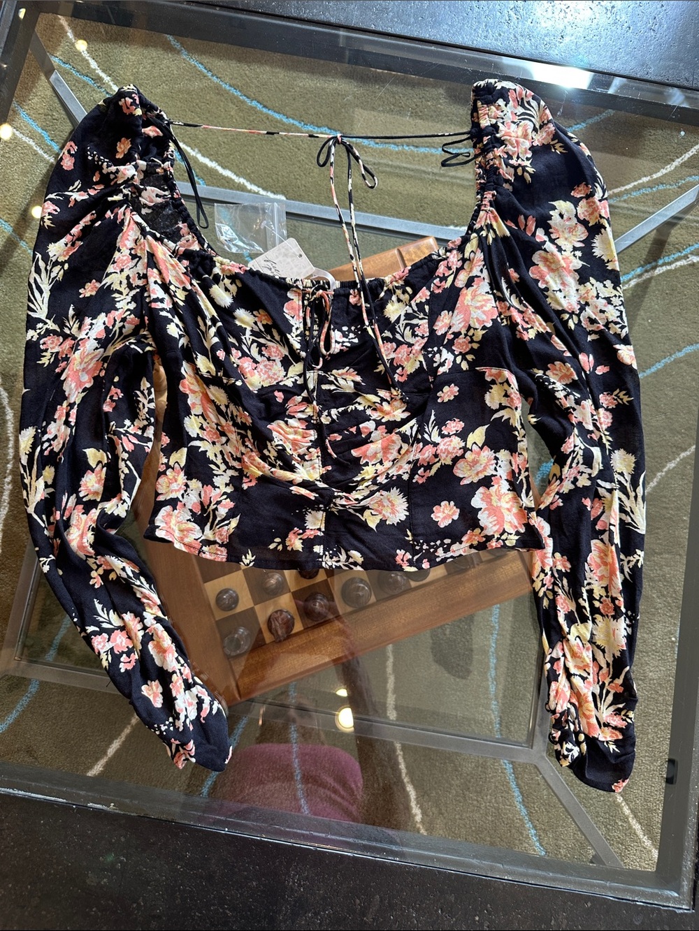 Free People Black Crop Top with Pink Floral Print